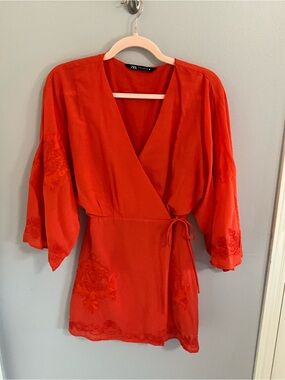 Zara Red Embroidered Faux Wrap Kimono Sleeve Mini Dress